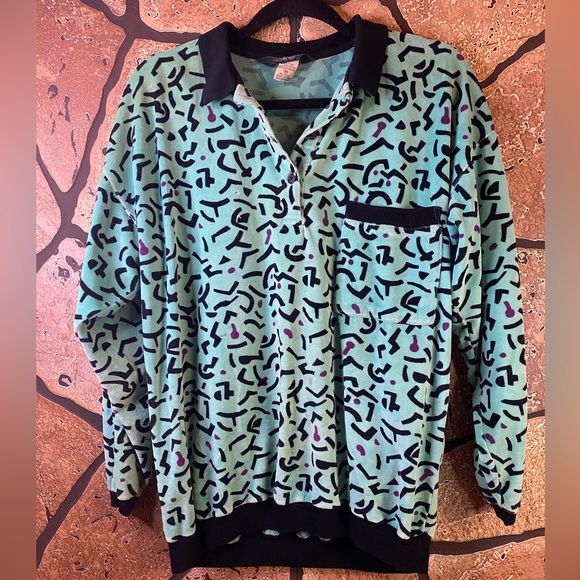 Velour collared maximalist sweater abstract vintage Keith Haring esque - Picture 2 of 14